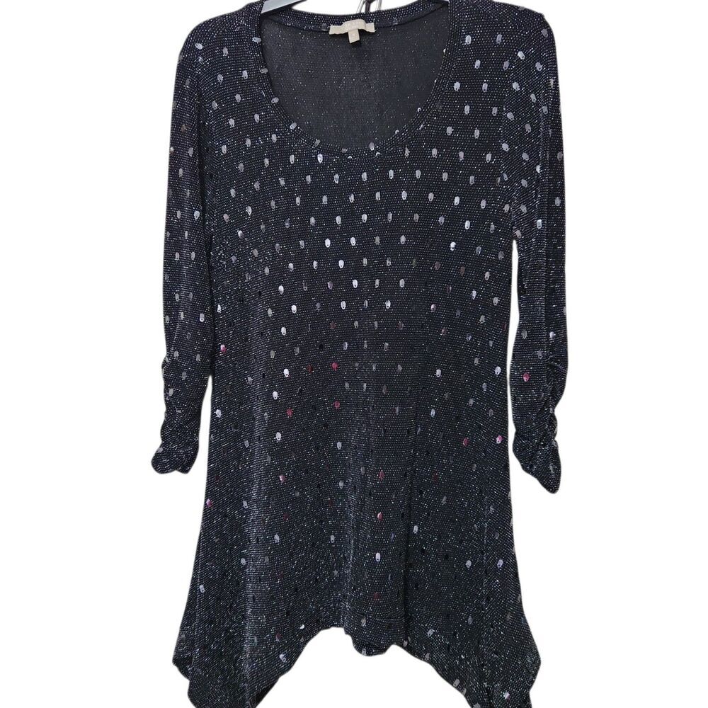 Joan Vass Tunic Top Mini Dress Size Medium Black Metallic Sheer
